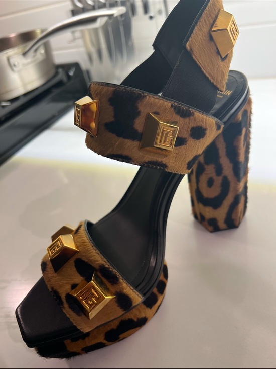 Balmain Shoes - Balmain Leopard-Print Block Heel Sandals with Gold Studs